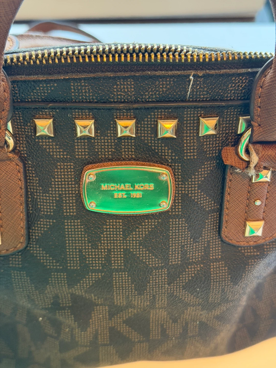 Michael Kors Studded Signature Monogram Satchel Handbag - photo 3