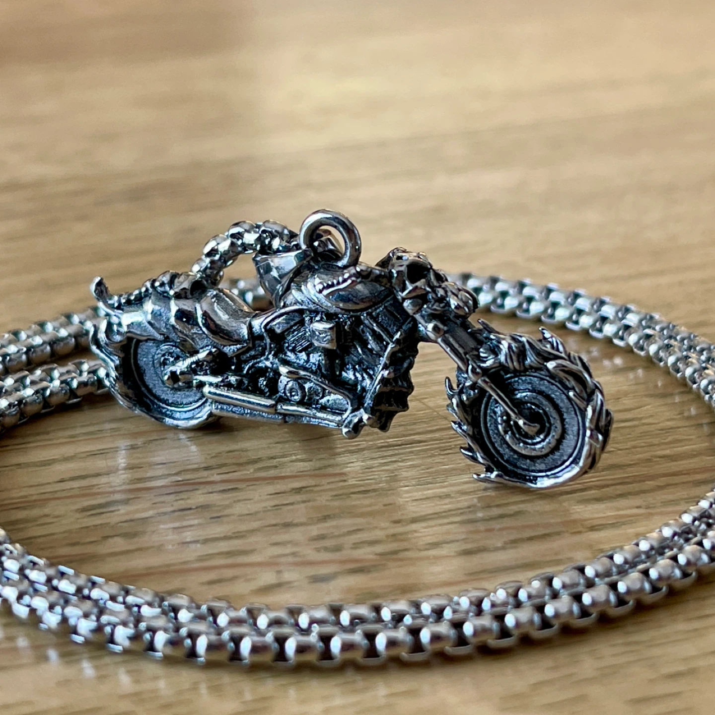 Chopper motorcycle “ghost rider” stainless steel necklace