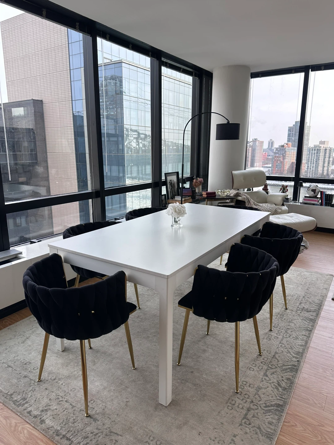 White Dining Table with 6 Black Chairs