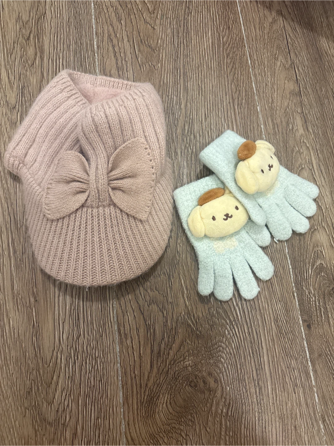 Pink Knit hat and Mint Pompompurin Gloves Set