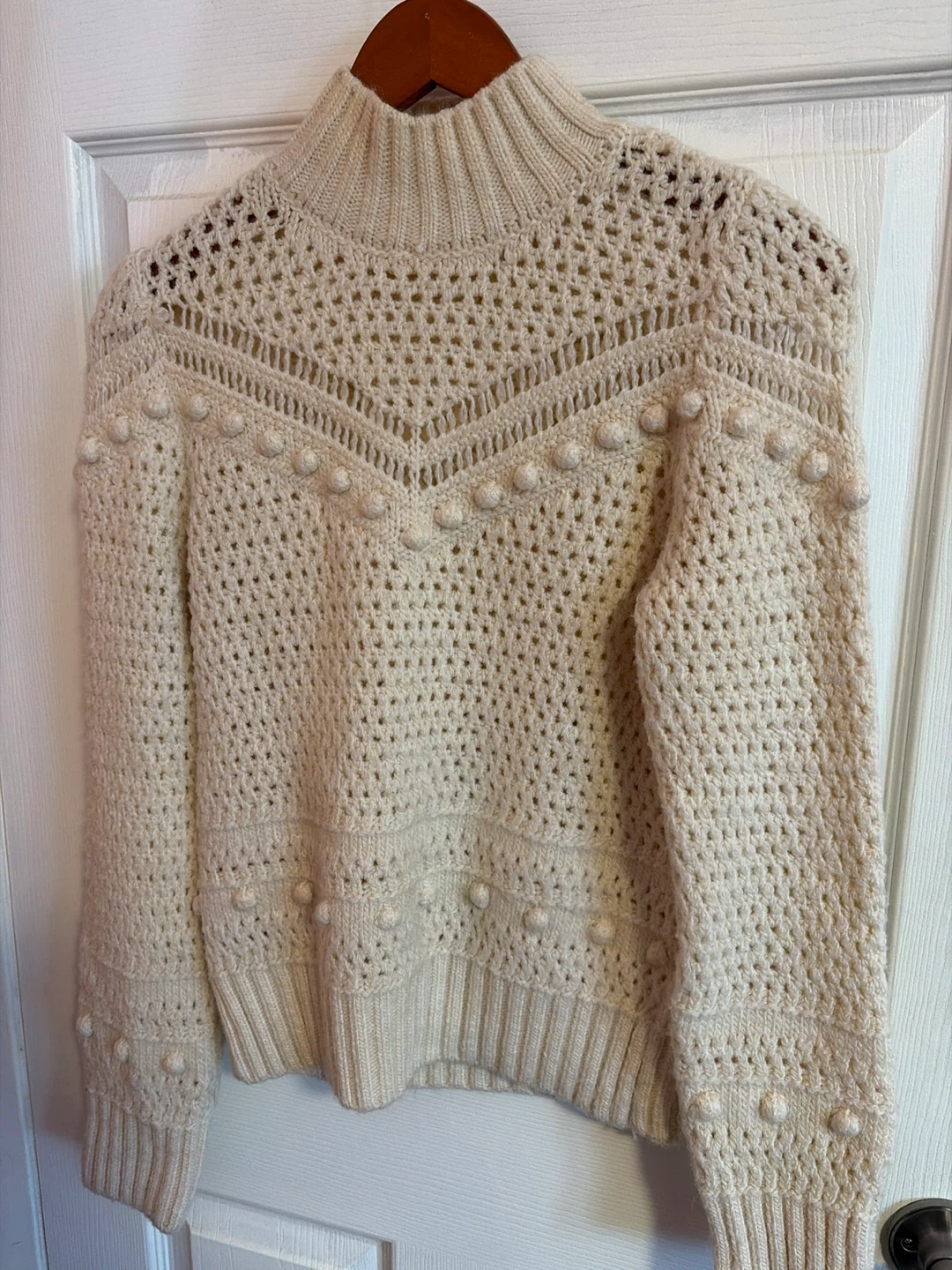 MNG Cream Crochet Sweater with Pom Poms