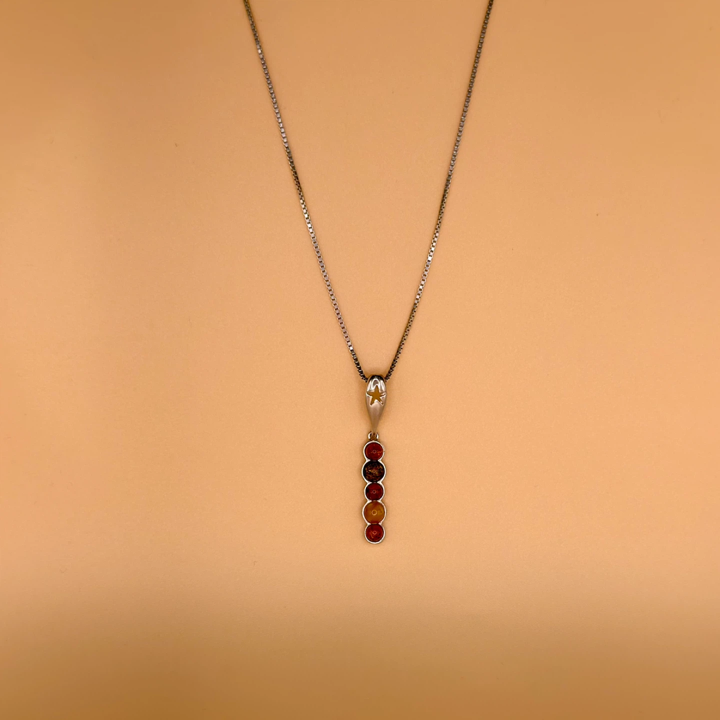 Silver Pendant Necklace with Amber-Coloured Beads - photo 2