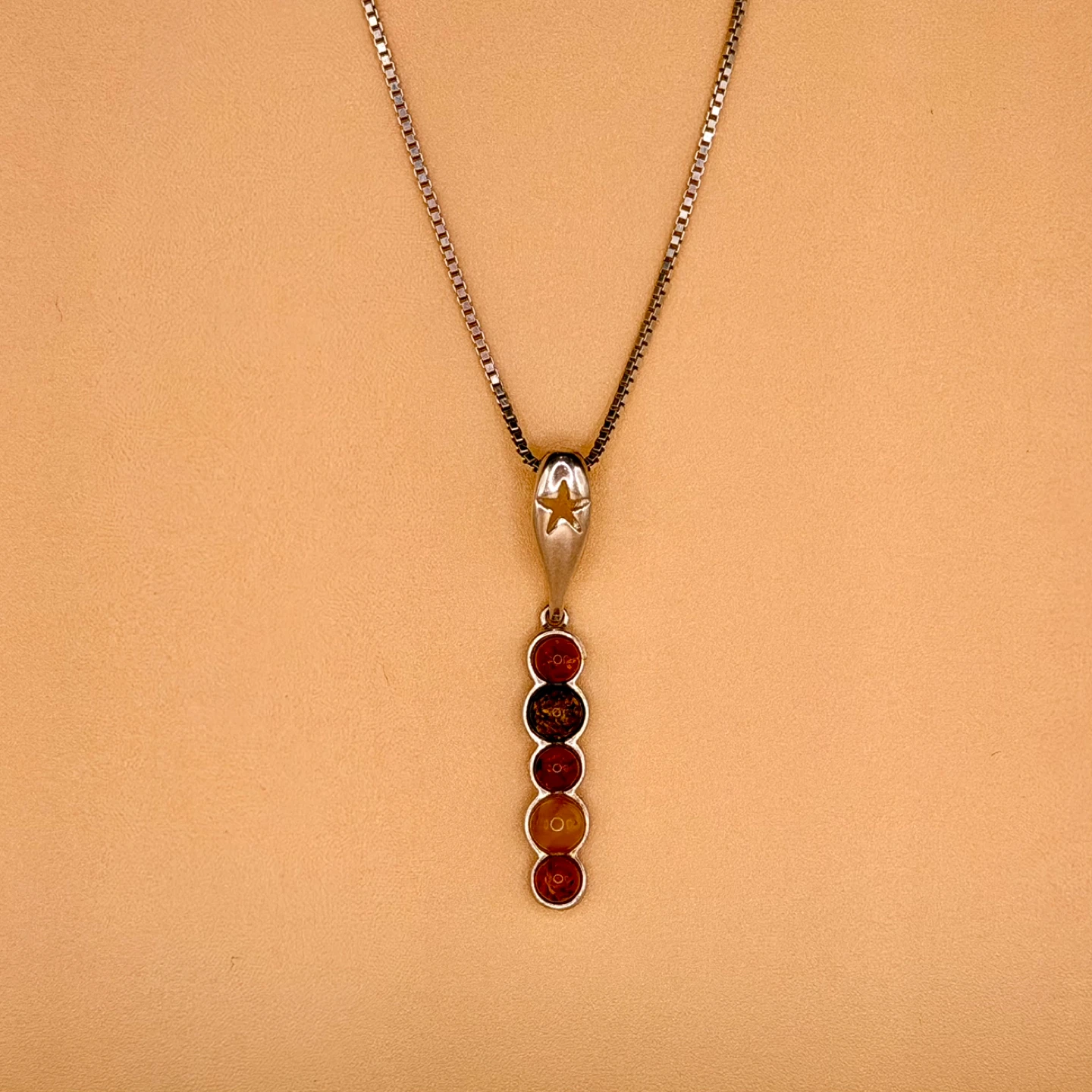 Silver Pendant Necklace with Amber-Coloured Beads