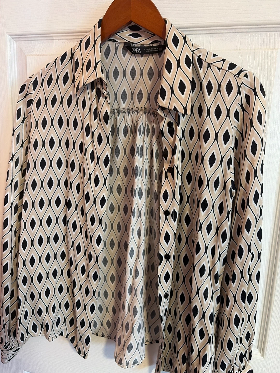 ZARA Women's Geometric Print Button-Up Blouse - Beige/Black