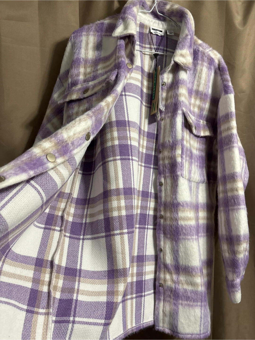 NOISY MAY Plaid Flannel Shirt Jacket - Purple/White - Size S - photo 5