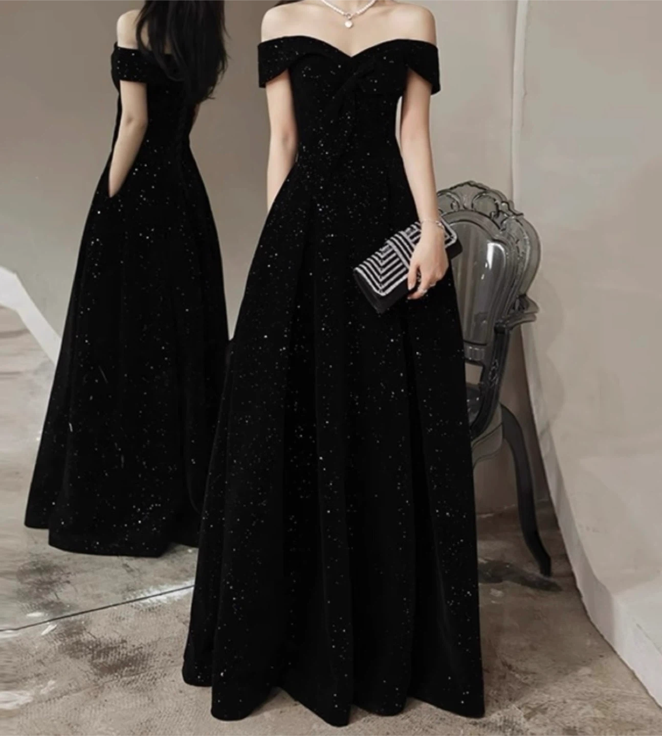 Long off-shoulder velvet dress