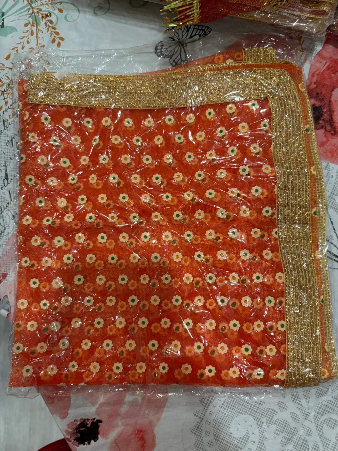 Embellished Fabric Scraps - Red, Orange, Yellow