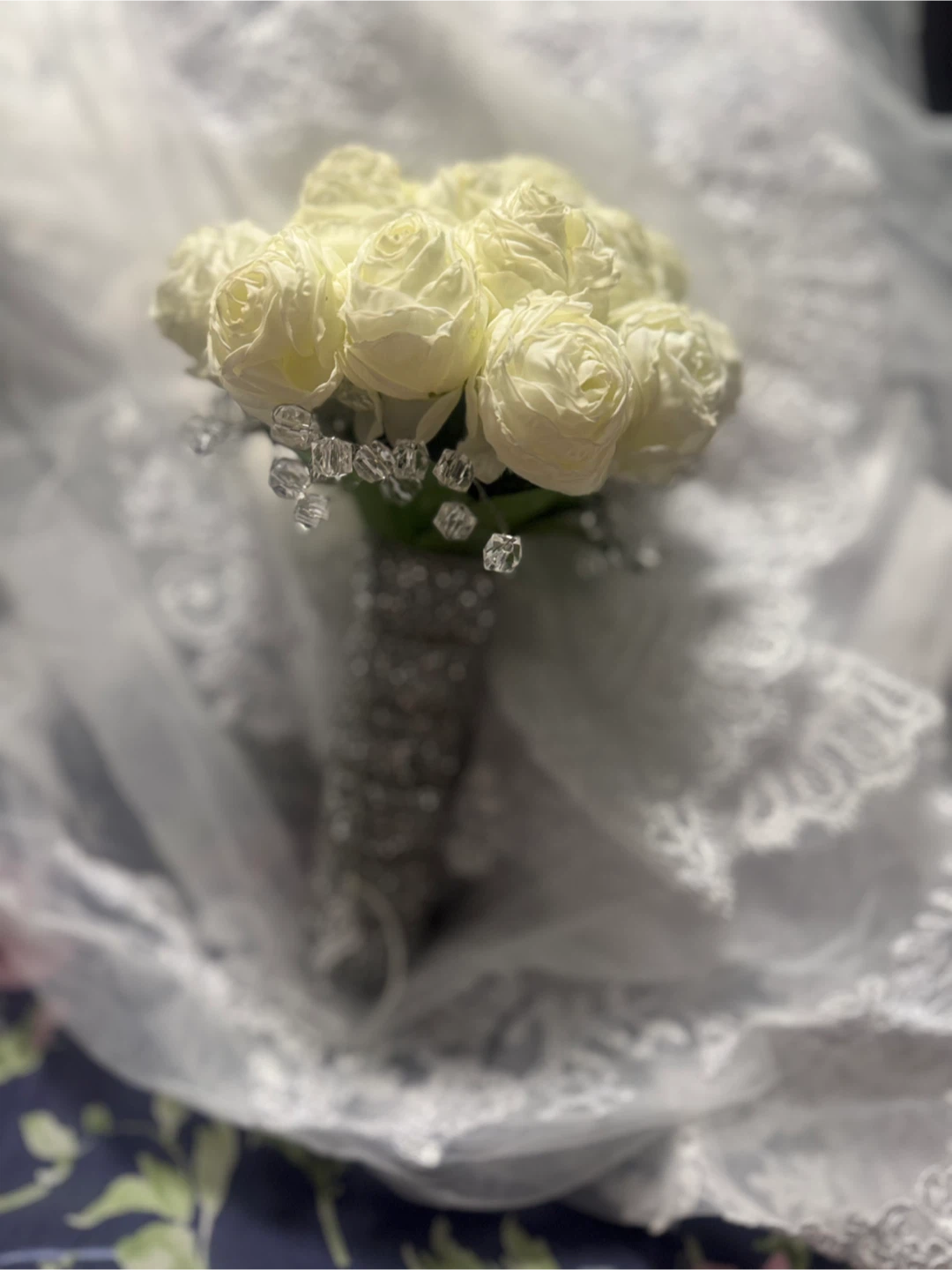 White Rose Bridal Bouquet with Crystal Accents