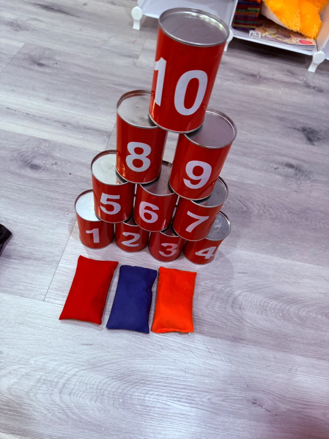 Numbered Tin Can Knockdown Game with Bean Bags