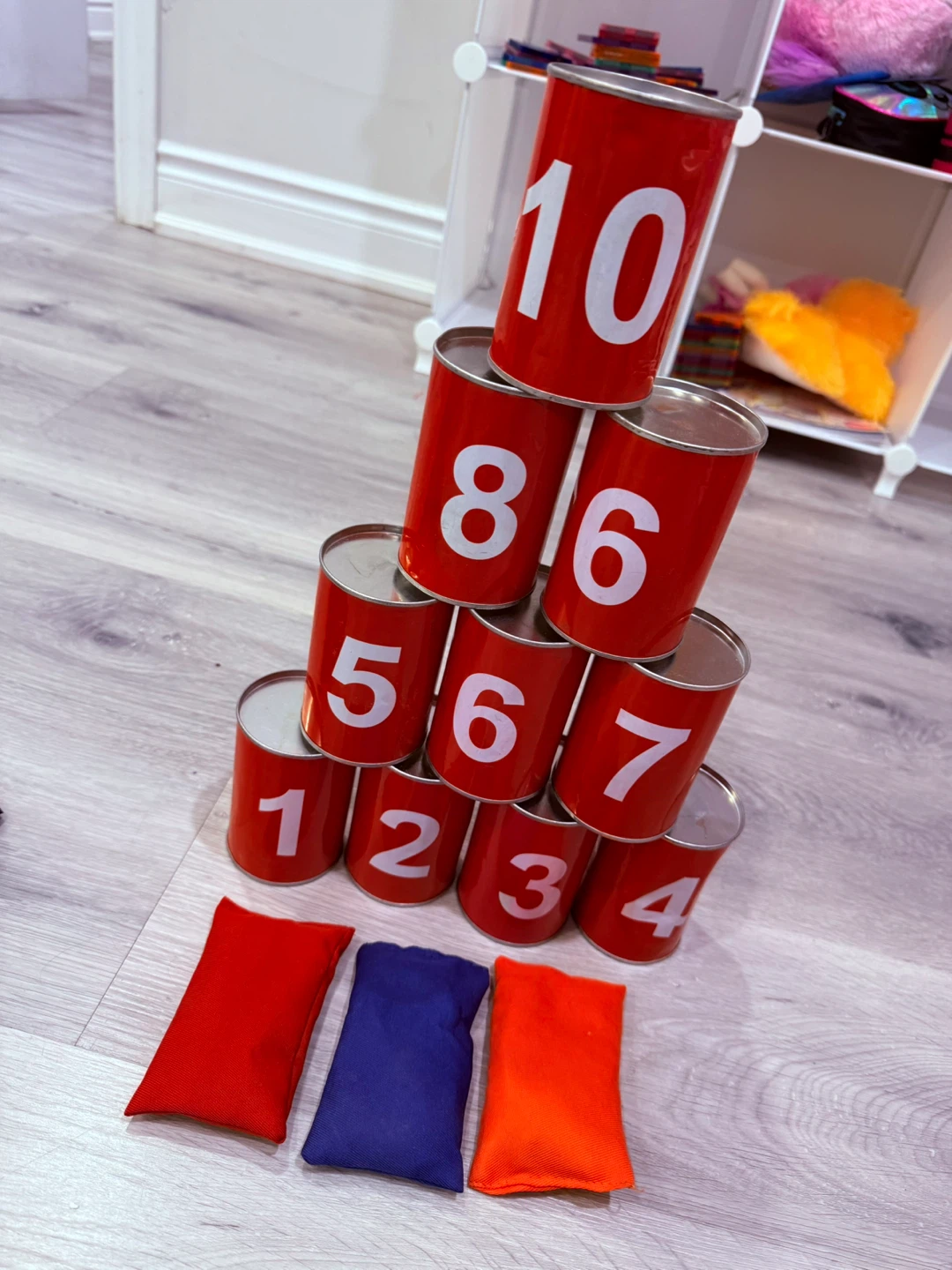 Numbered Tin Can Knockdown Game with Bean Bags - photo 2
