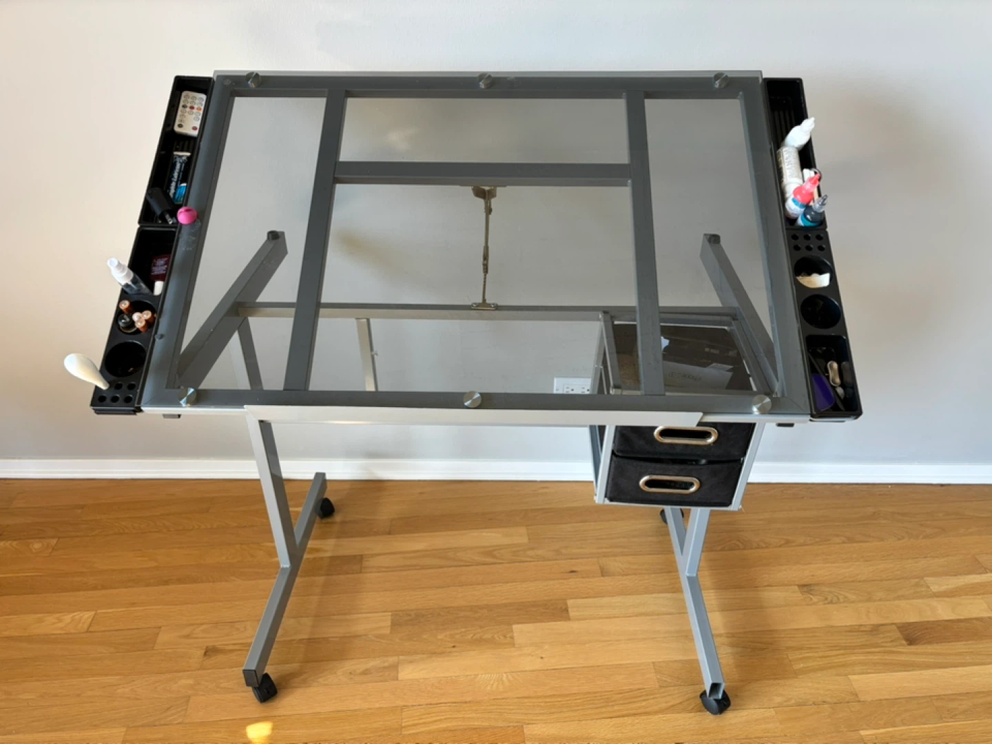 Art Drafting Table with Glass Top and Storage Drawers