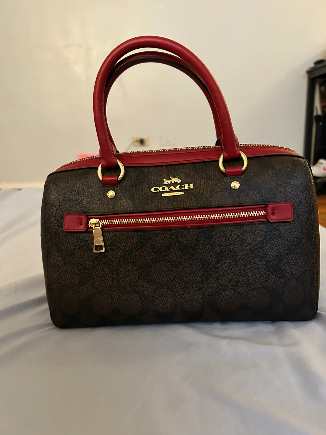 Coach Signature Canvas & Leather Barrel Bag - Brown/Red