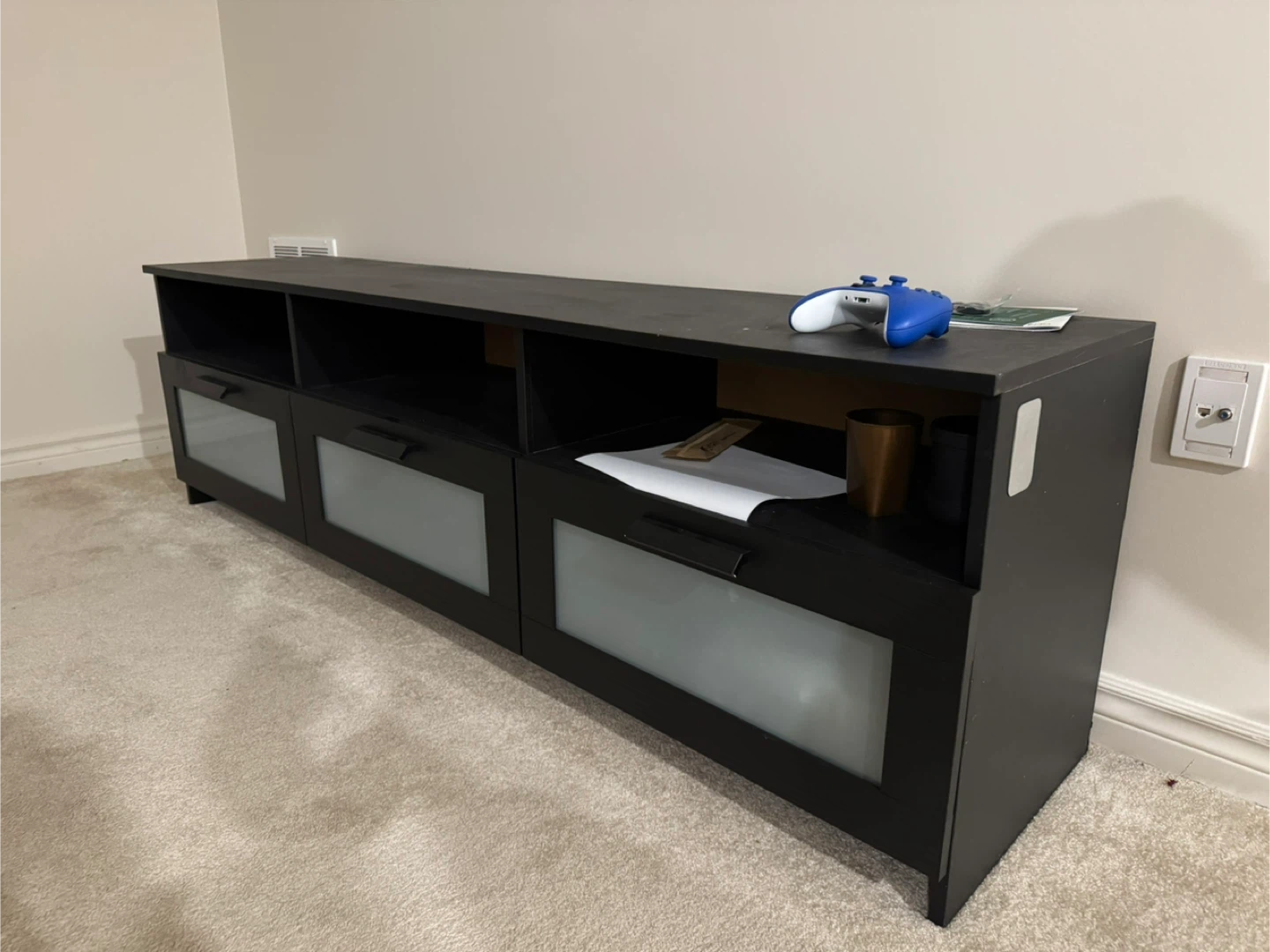 IKEA Black Media Console TV Stand with Frosted Glass Doors - photo 2