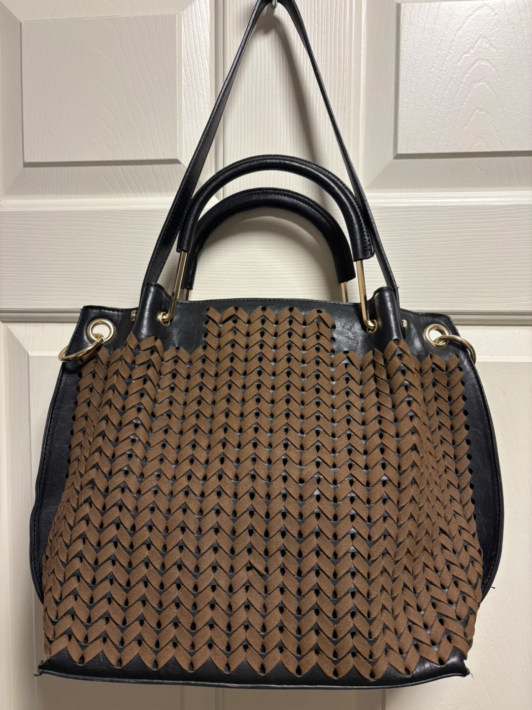 Sondra Roberts Two-Tone Woven and Vegan Leather Hobo Handbag
