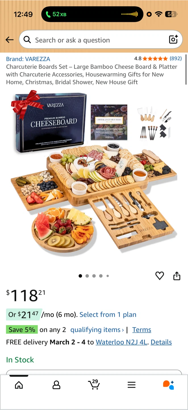 VAREZZA Premium Bamboo Charcuterie Board Set – X-Large – NEW