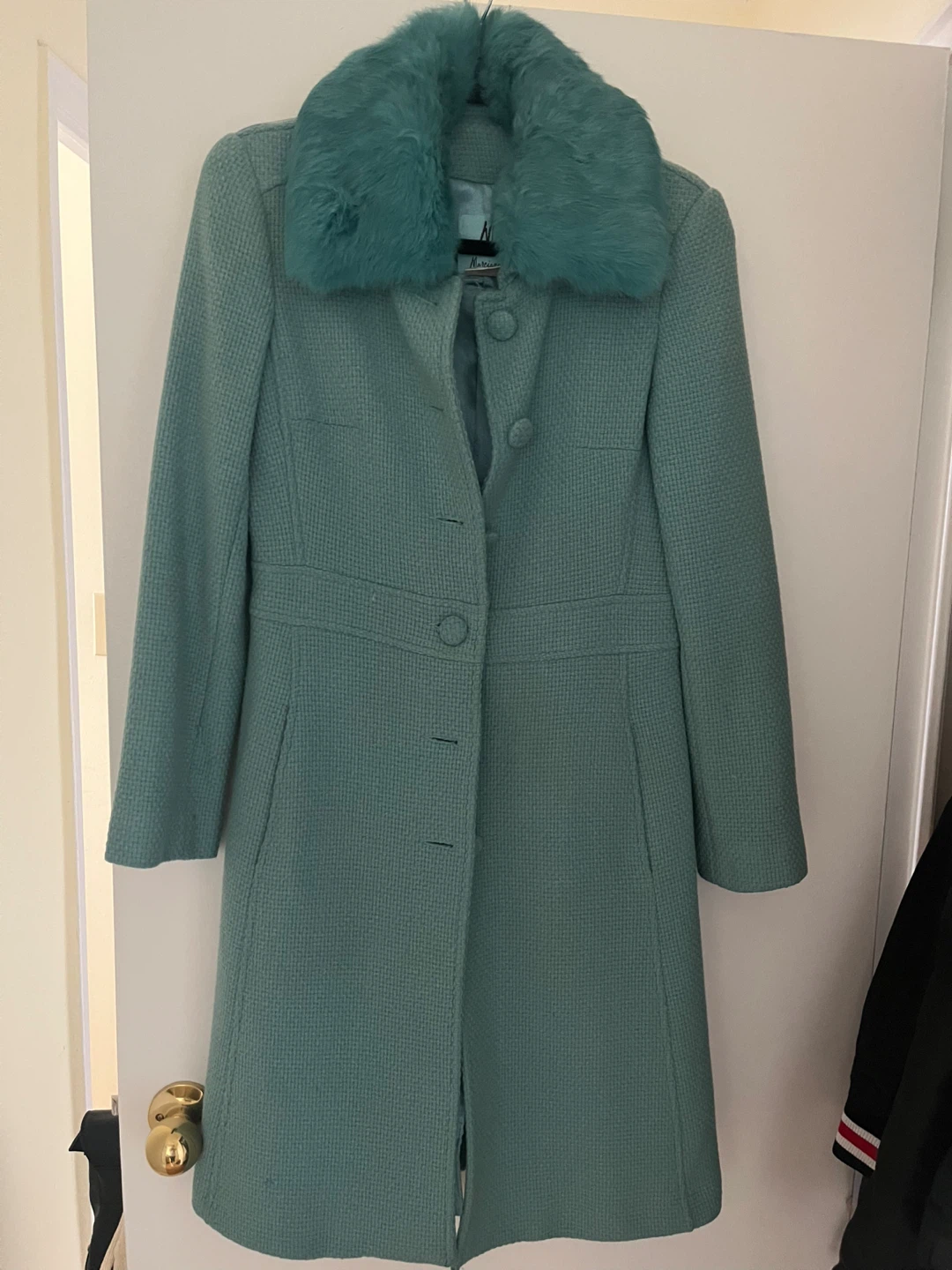 Marciano Teal Coat with Rabbit Fur Collar - Size S/P