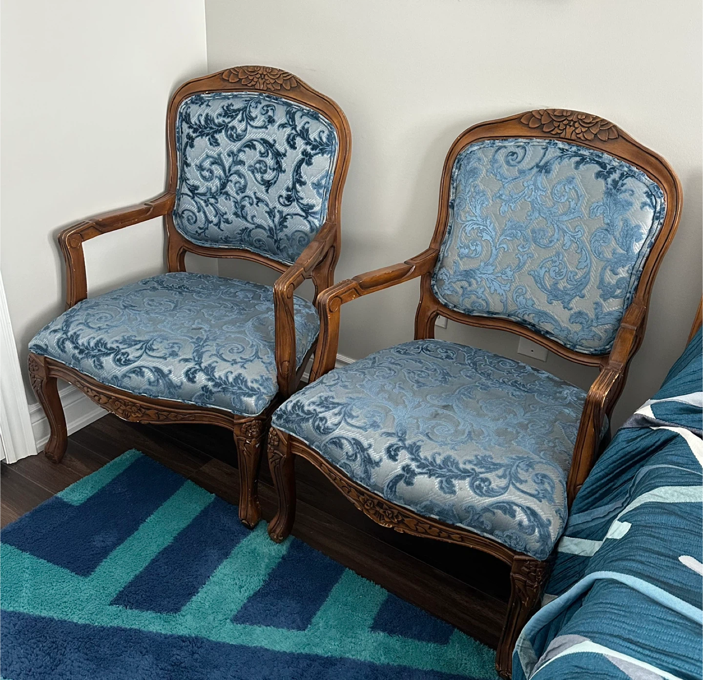 Vintage Accent Armchair - Blue Brocade Upholstery