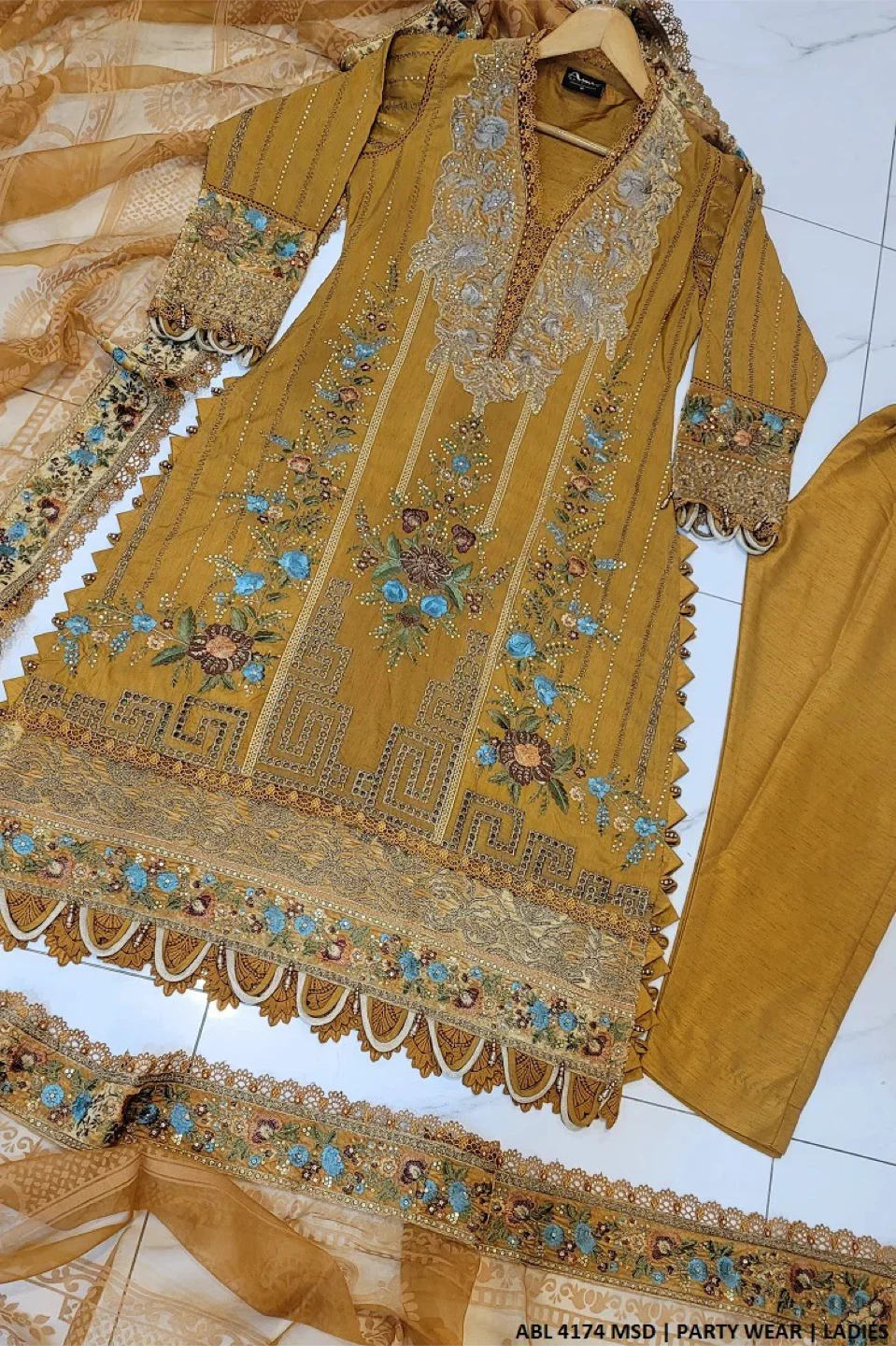 Embroidered Mustard Yellow Party Wear Dress