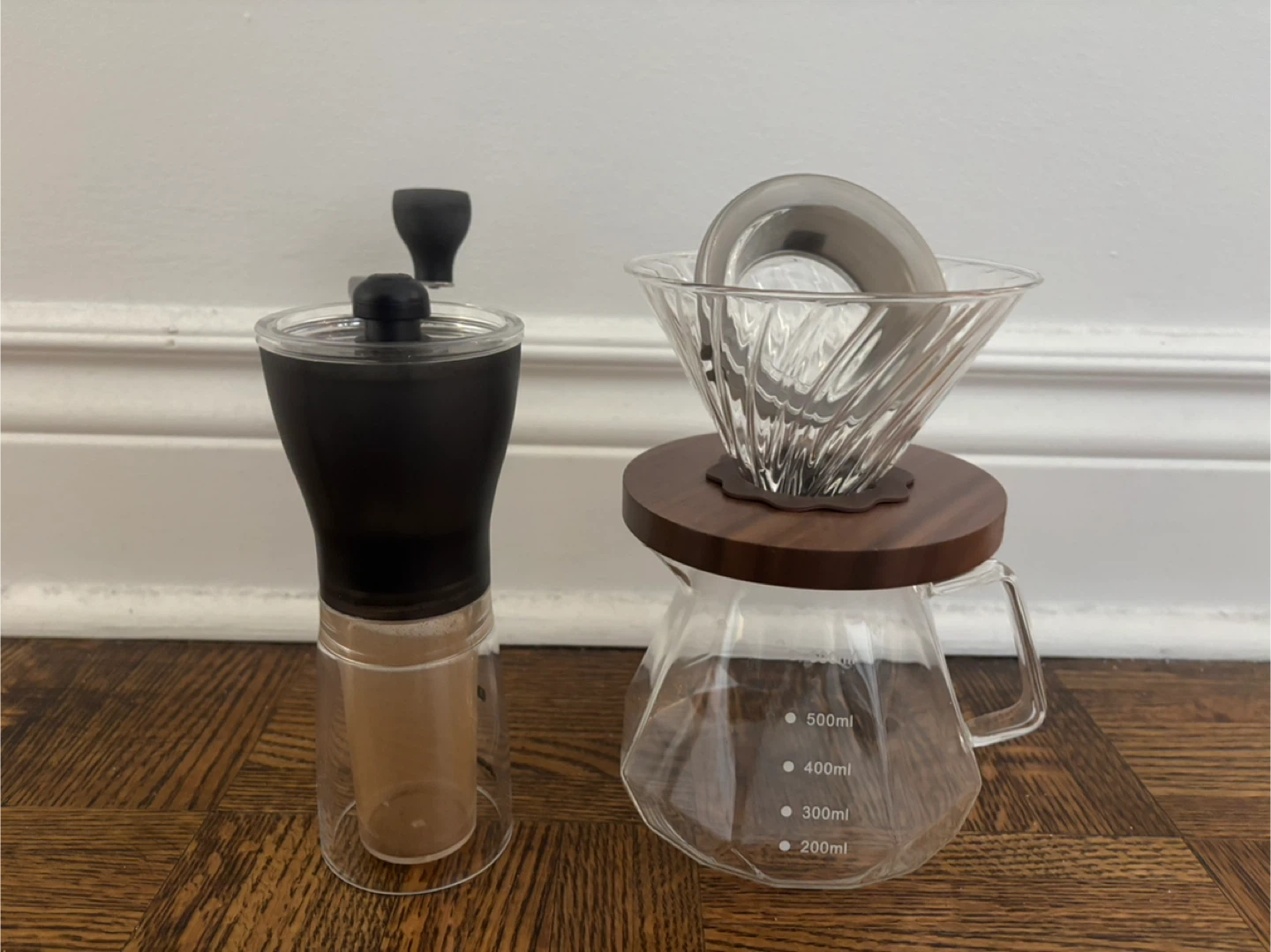 Manual Coffee Grinder and Glass Pour-Over Coffee Maker Set
