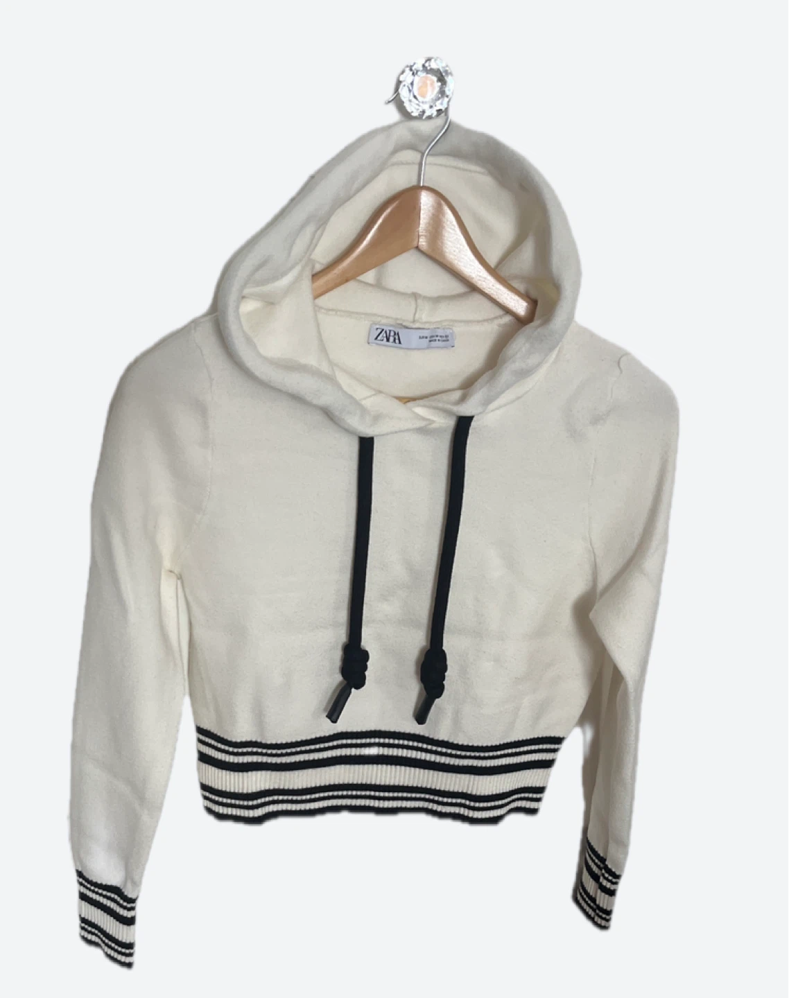 ZARA White Cropped Hoodie with Black Stripes - Size M
