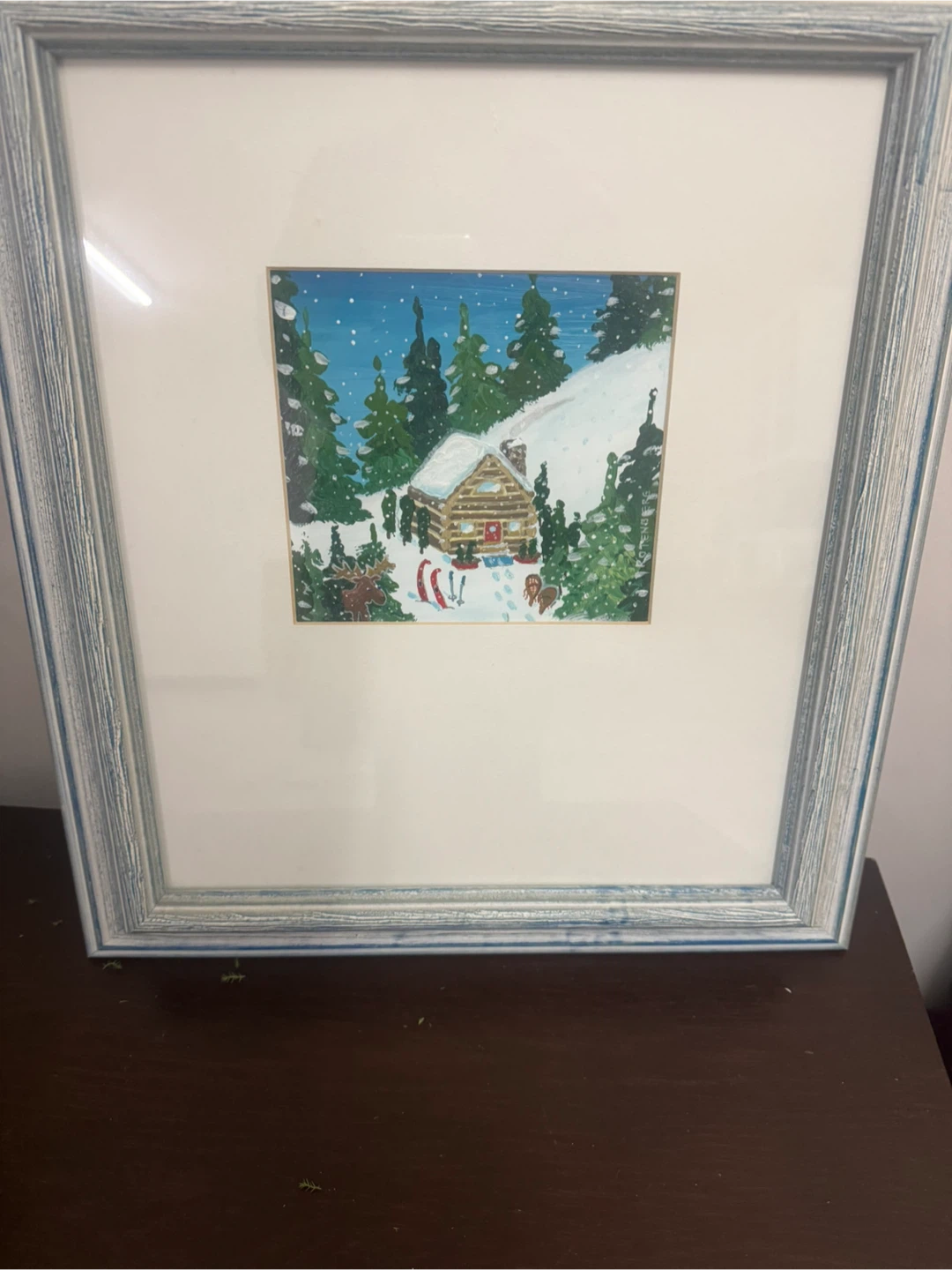 Framed Winter Cabin Painting