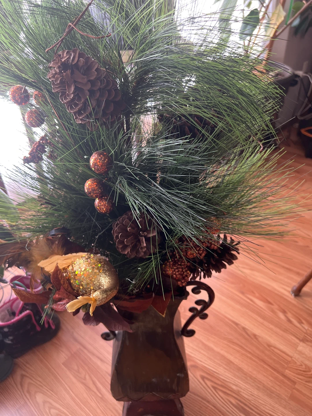 Decorative Pine Cone and Glitter Bird Arrangement
