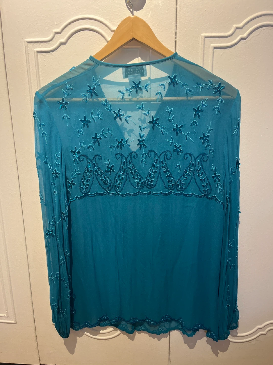 Vintage Sandy Starkman Beaded Silk Blouse - Teal - Size S - photo 2