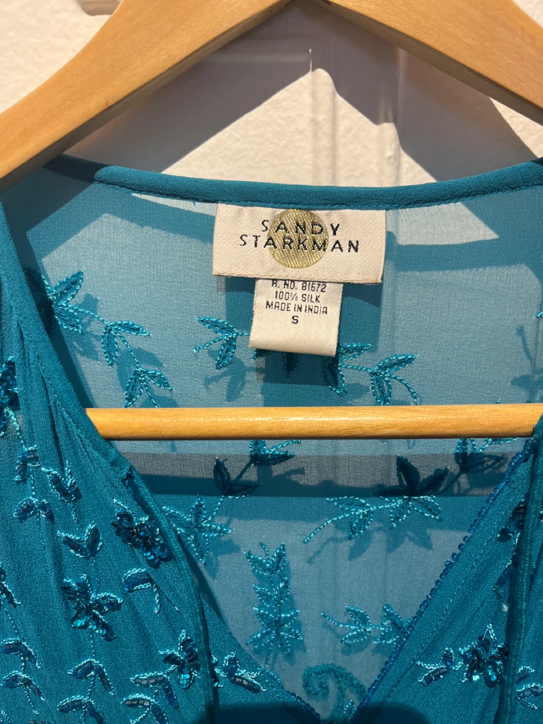 Vintage Sandy Starkman Beaded Silk Blouse - Teal - Size S - photo 3