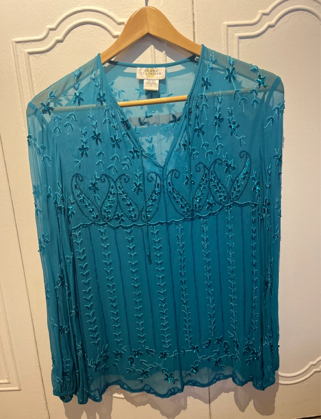 Vintage Sandy Starkman Beaded Silk Blouse - Teal - Size S
