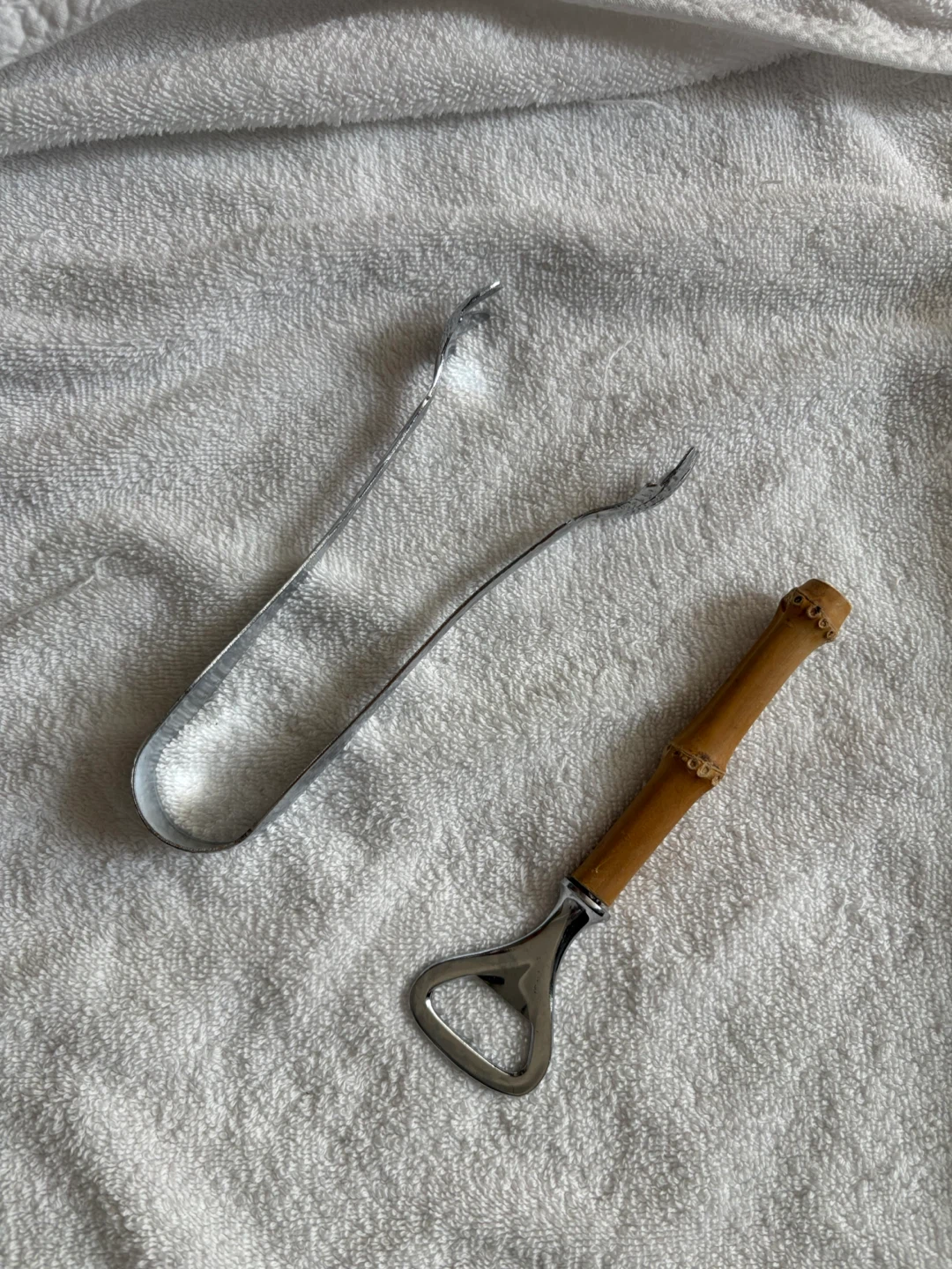 Vintage Ice Tongs and Bamboo Bottle Opener Set