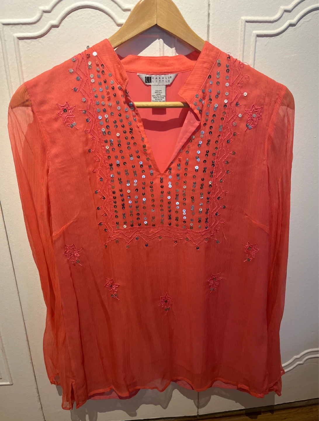 Vintage Carole Little Coral Silk Beaded Tunic Top Size M