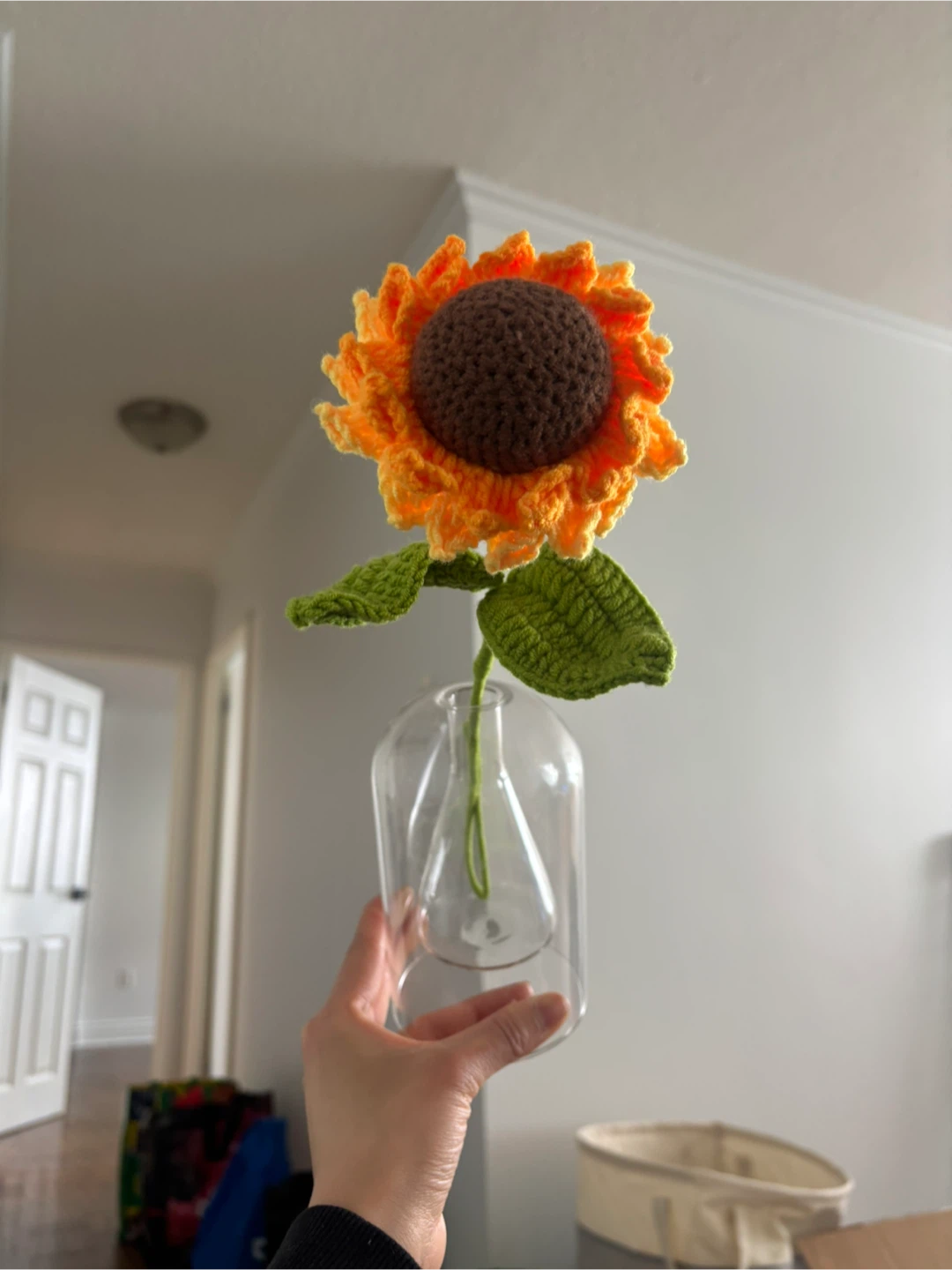 Handmade Crochet Sunflower in Glass Vase