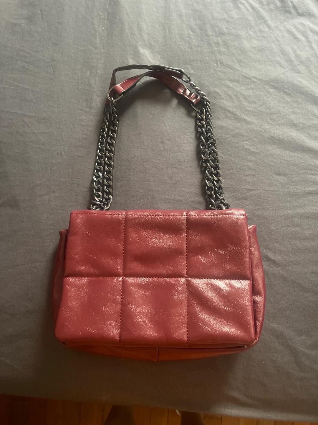 Red Quilted Shoulder Bag with Chain Strap