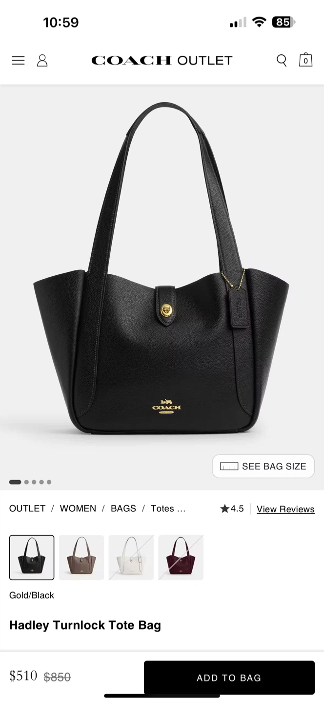 Coach Hadley Turnlock Tote Bag - Black