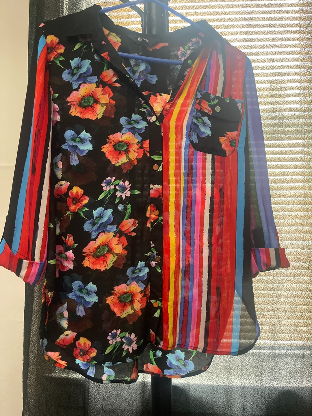 Sheer Floral & Stripe Colorblock Button-Up Shirt