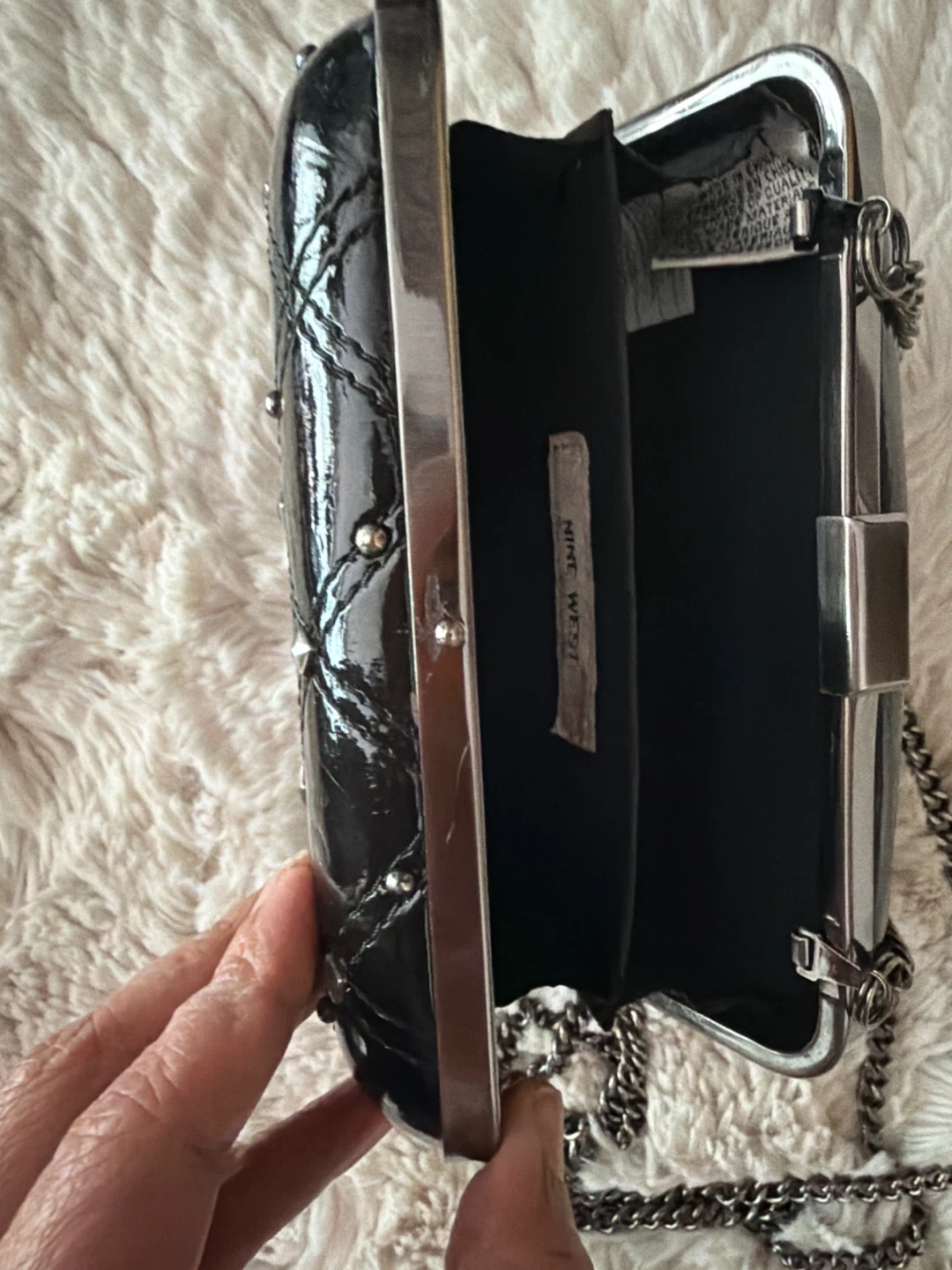 Nine West Black Quilted Studded Clutch Purse with Chain - photo 2