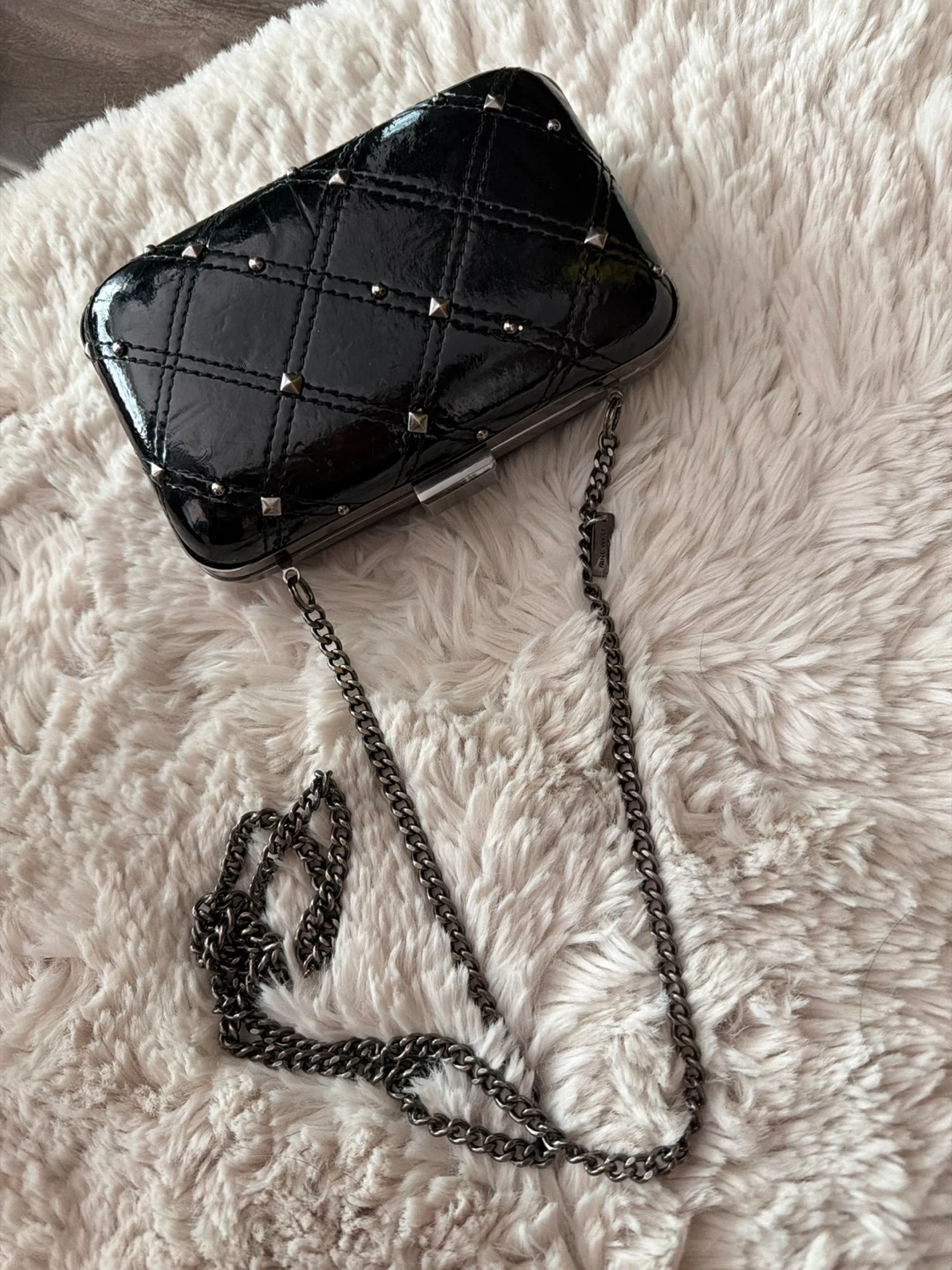 Nine West Black Quilted Studded Clutch Purse with Chain