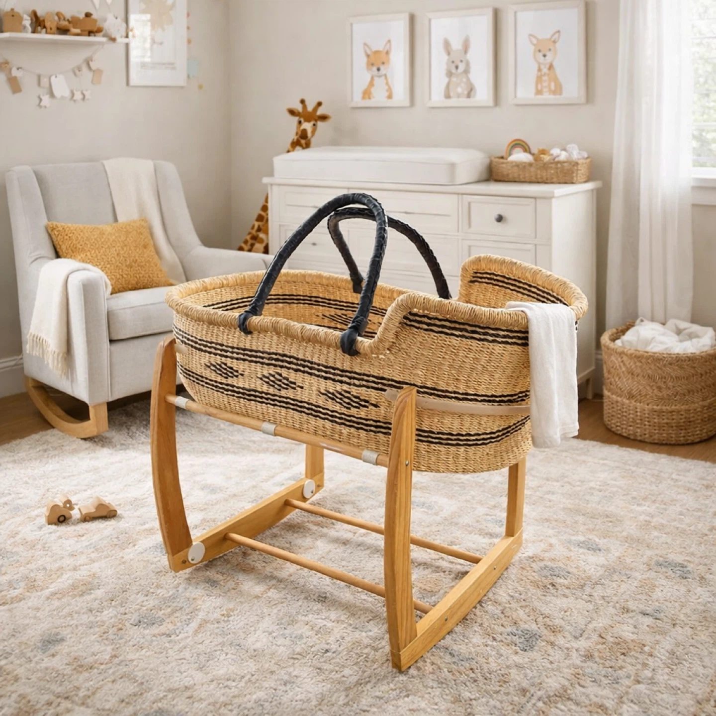 Woven Moses Basket Bassinet with Wooden Rocking Stand - photo 3