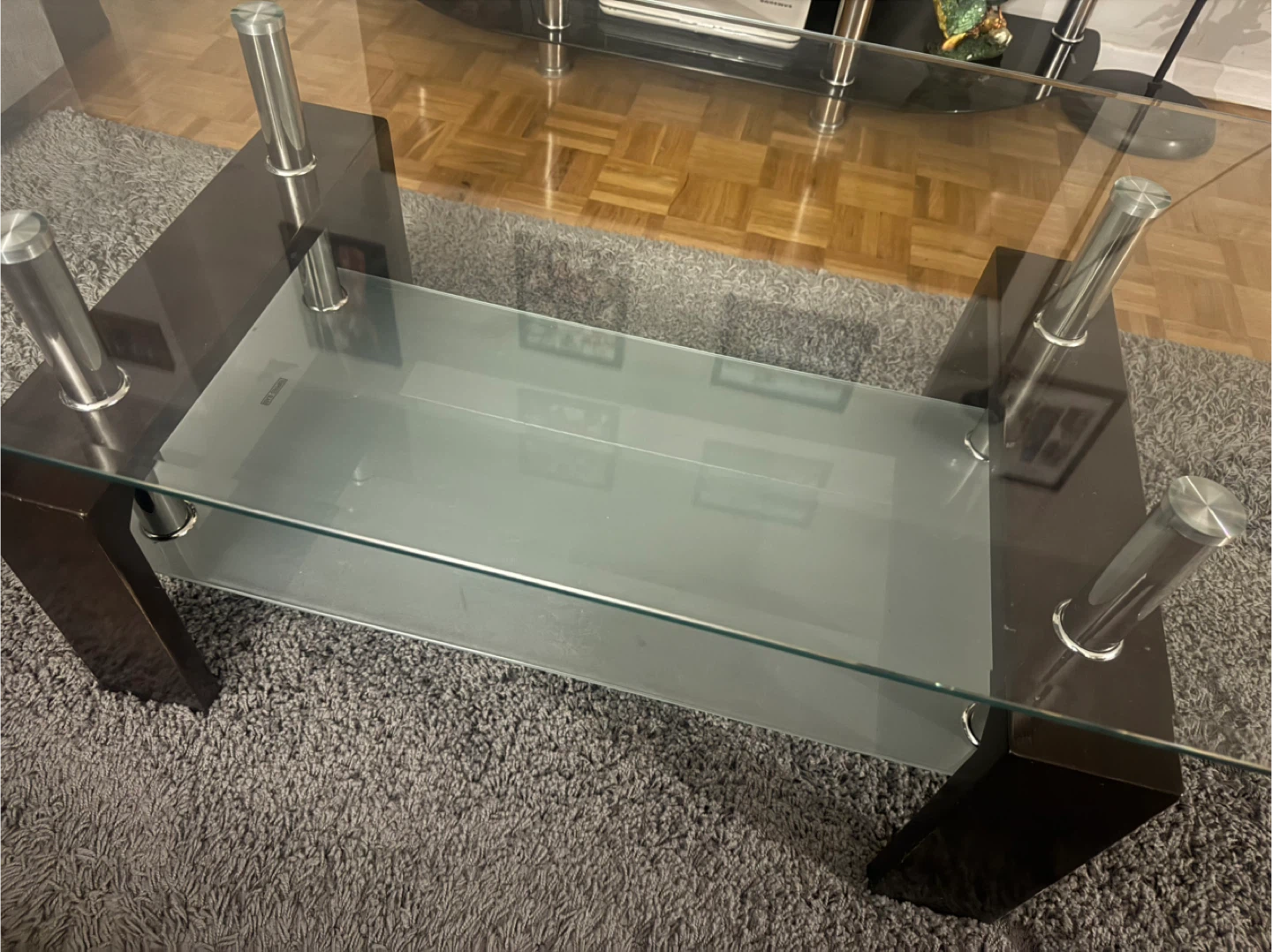 Glass Coffee Table with Metal and Wood Accents