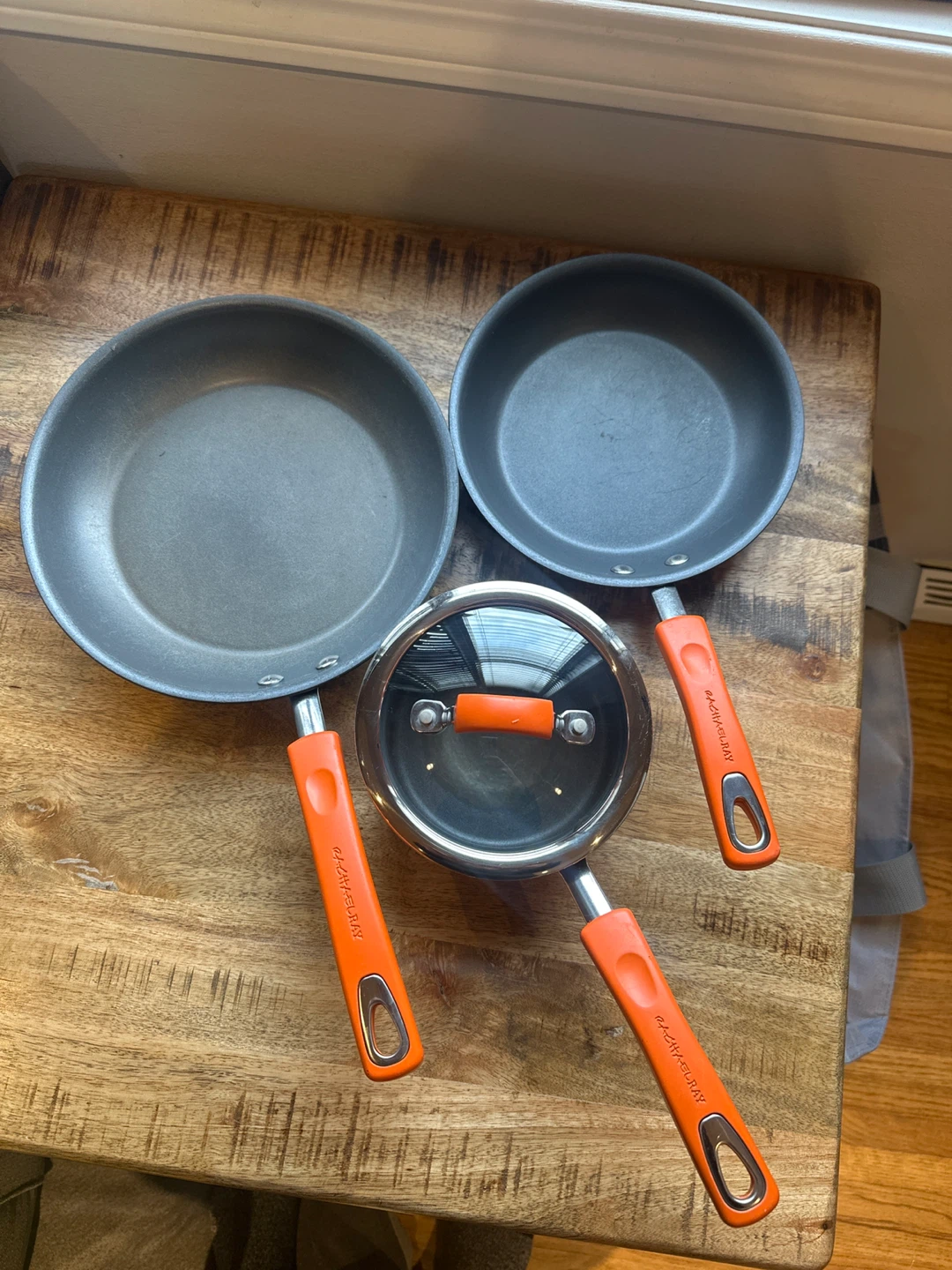 Rachel Ray Fry Pan and Saucepan Set with Orange Handles