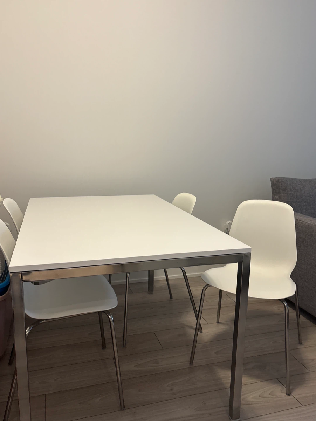 IKEA White Dining Table with Chrome Legs and Chairs