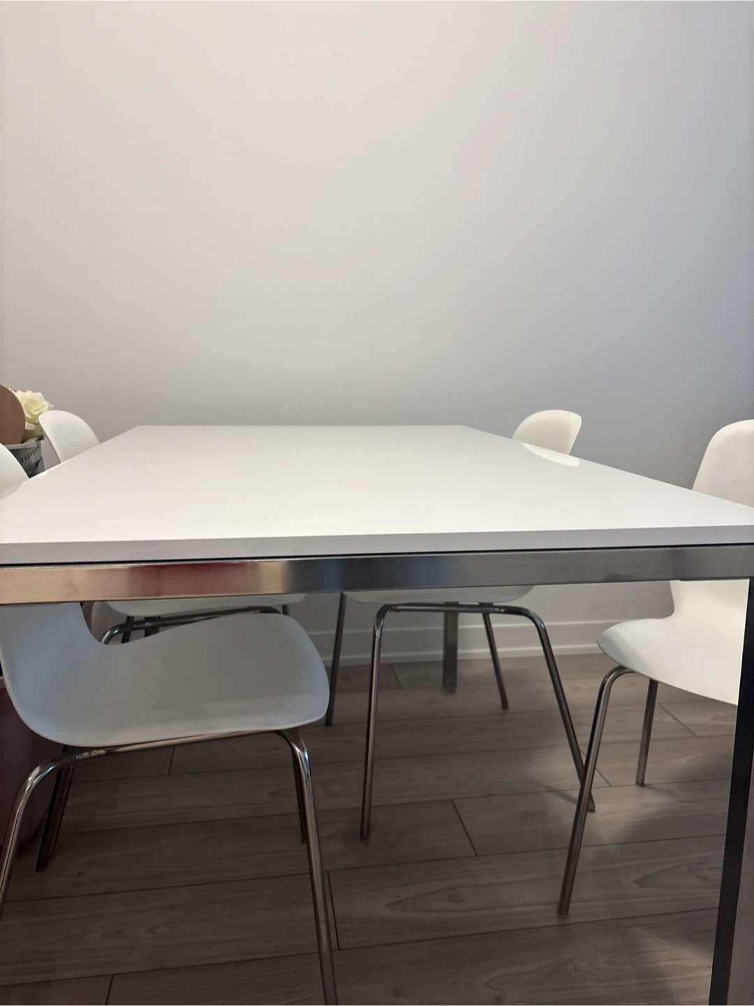 IKEA White Dining Table with Chrome Legs and Chairs - photo 3
