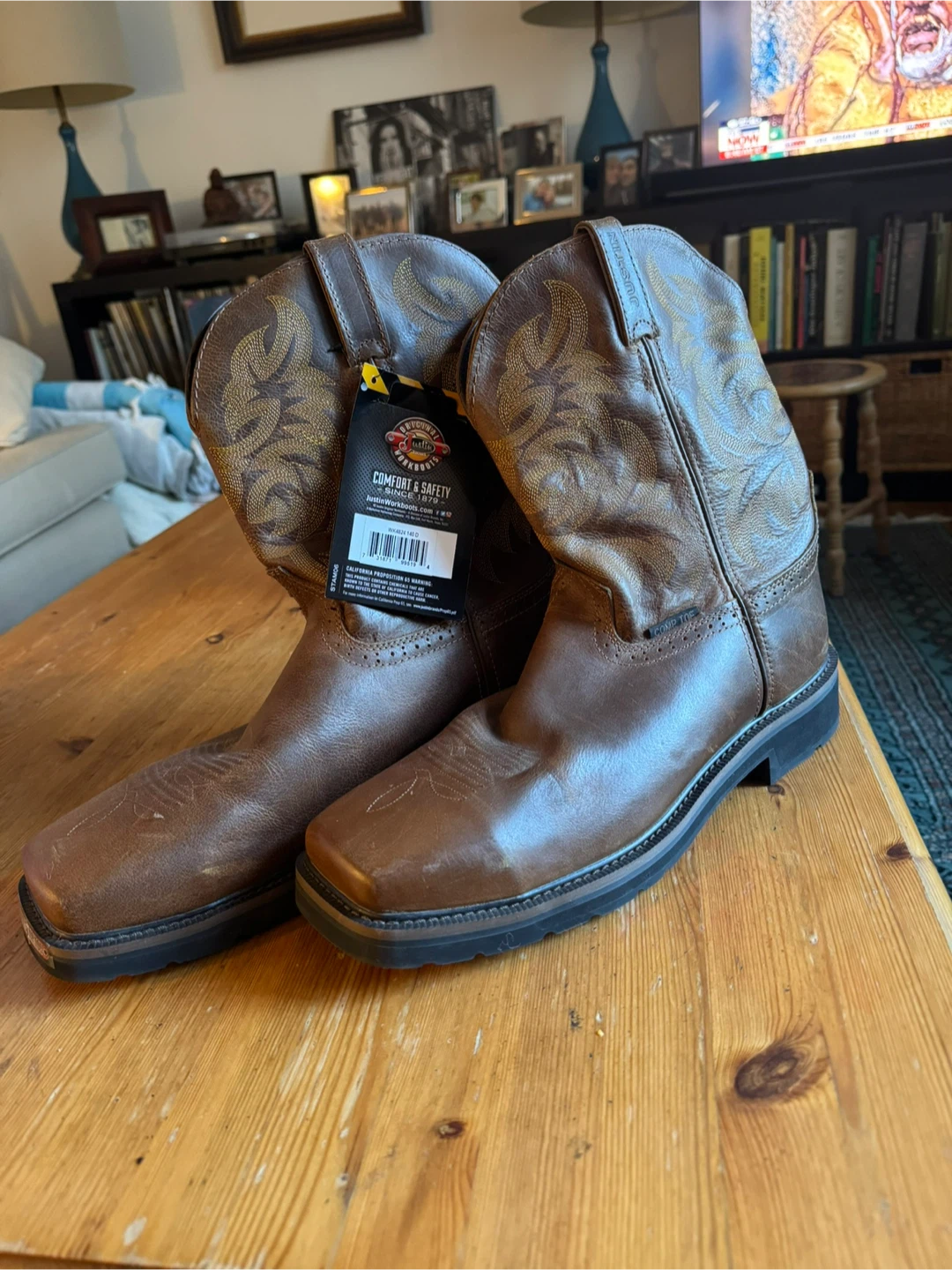 Justin Workboots Square Toe Brown Leather Cowboy Boots - photo 2