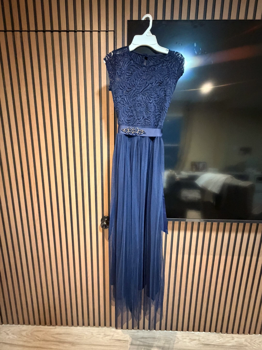 Navy Blue Lace and Tulle Formal Dress