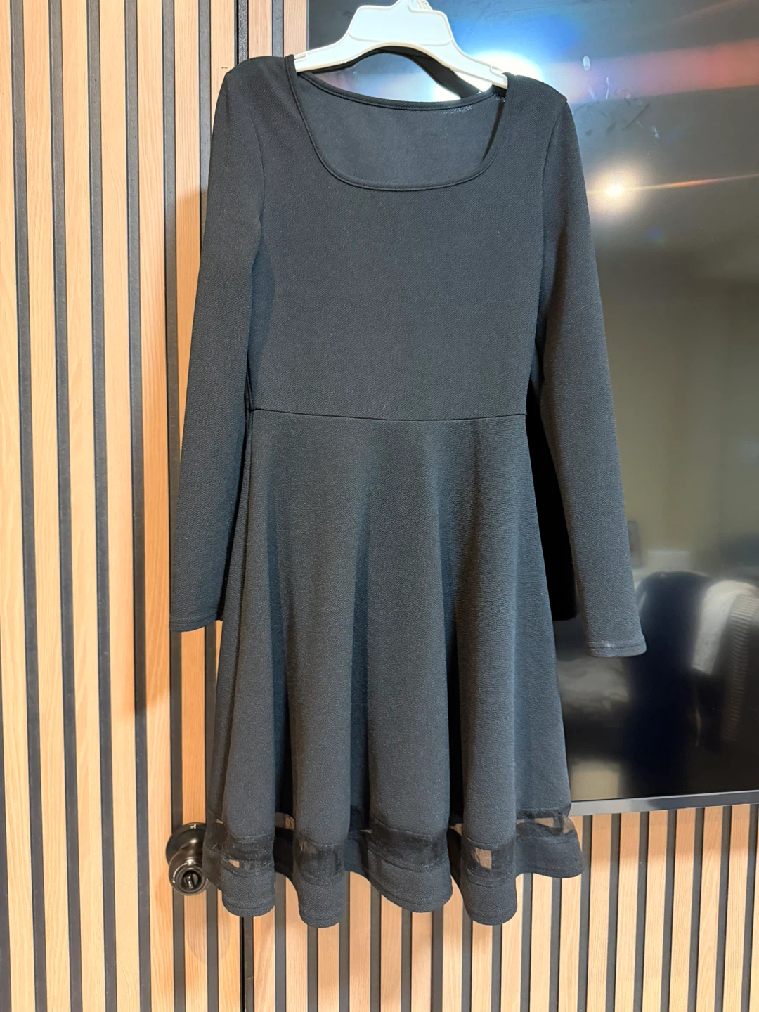 Black Long Sleeve Fit and Flare Dress with Mesh Trim