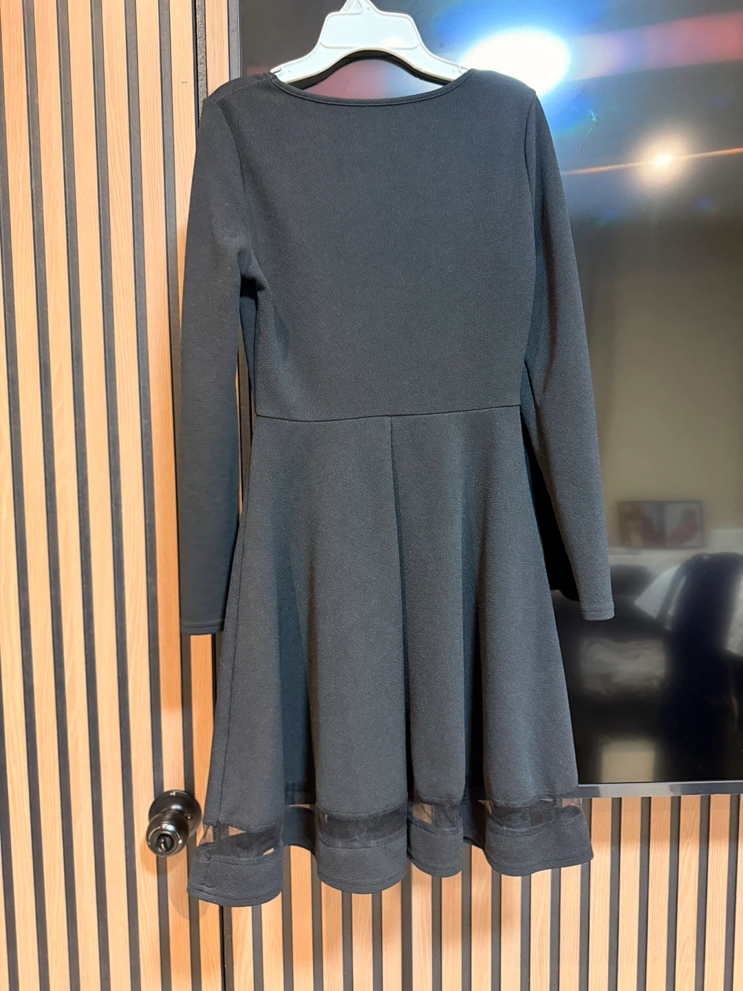 Black Long Sleeve Fit and Flare Dress with Mesh Trim - photo 2