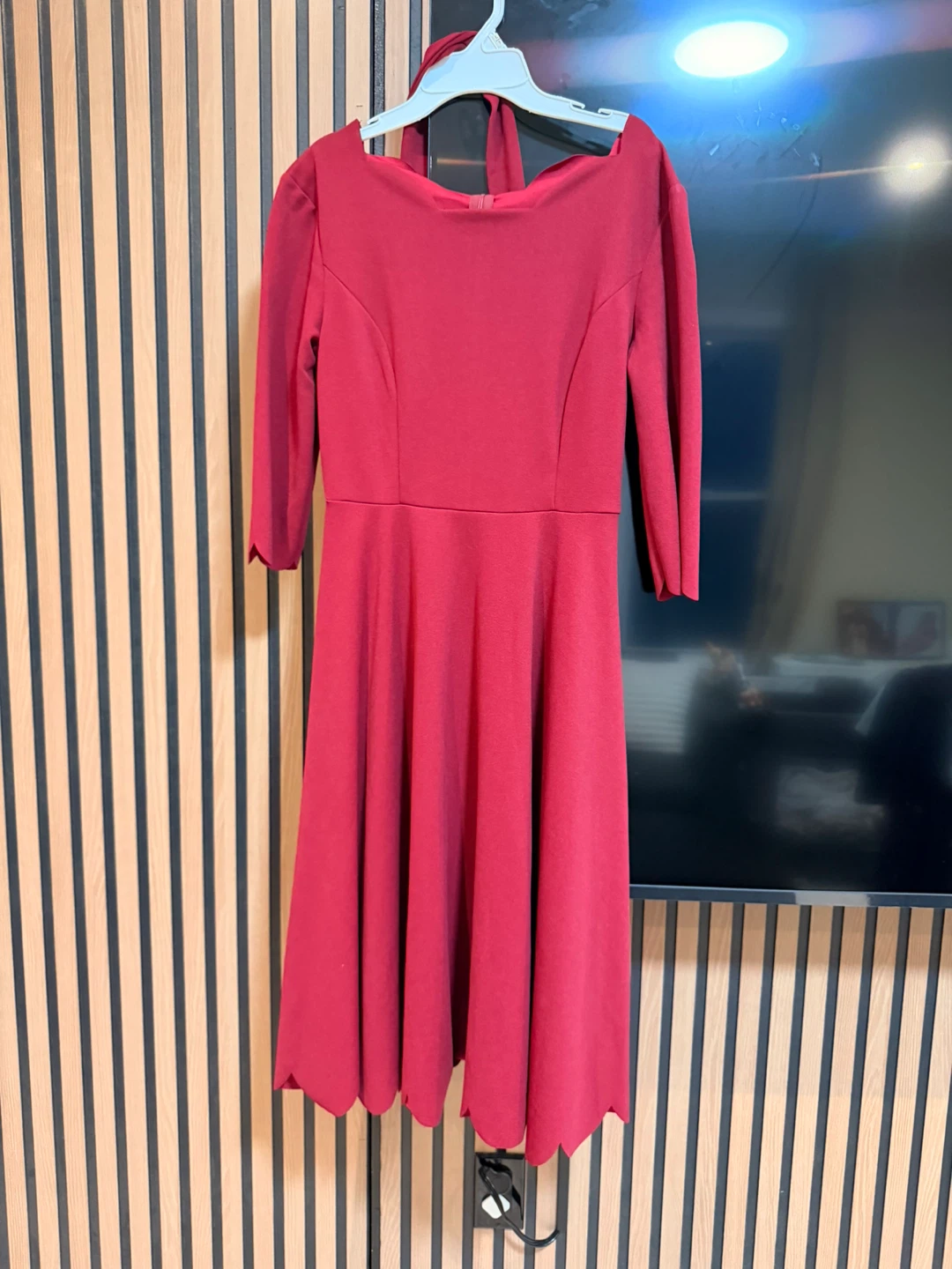Red Midi Dress with Scalloped Hem