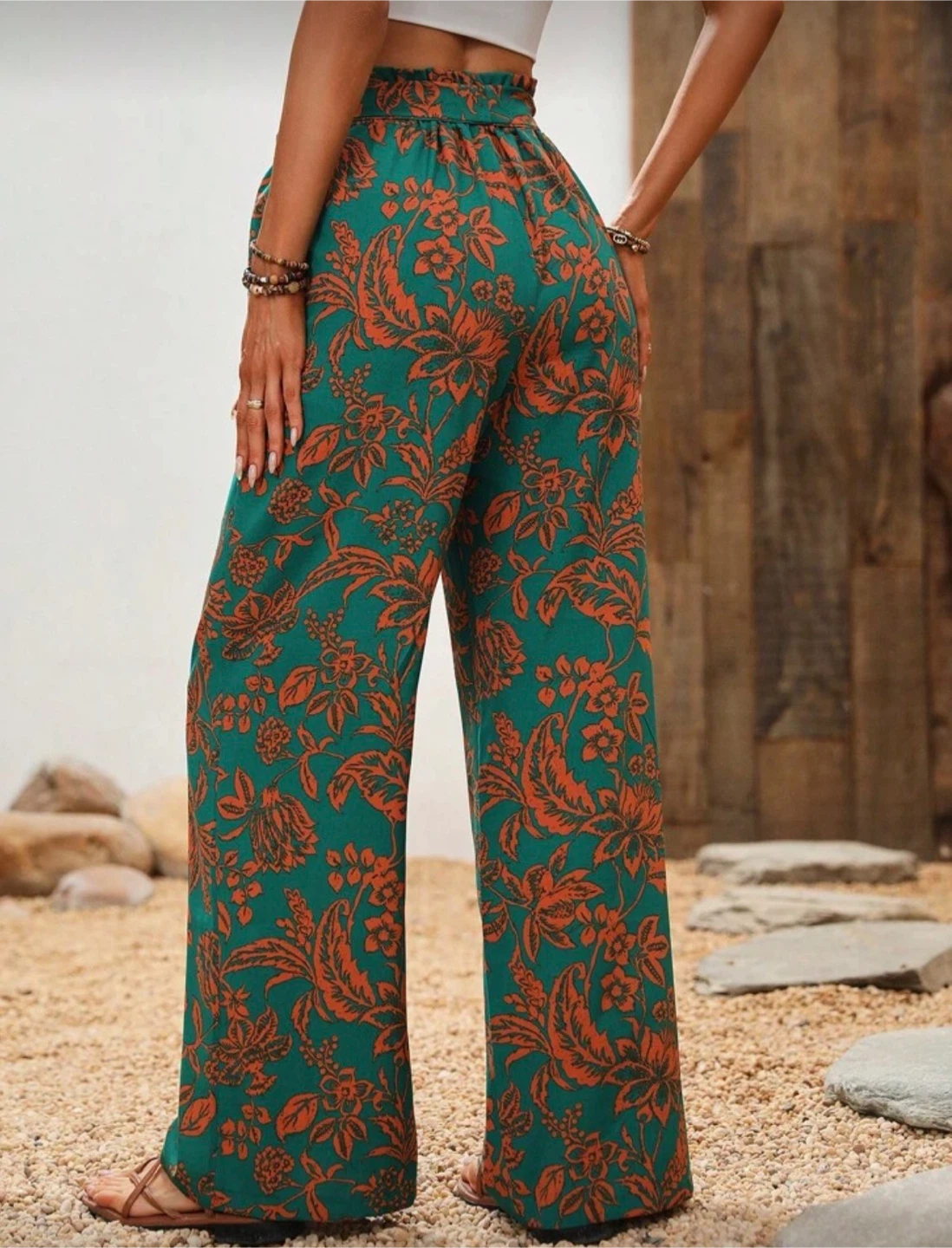 Green Floral Print Wide Leg Pants - photo 2
