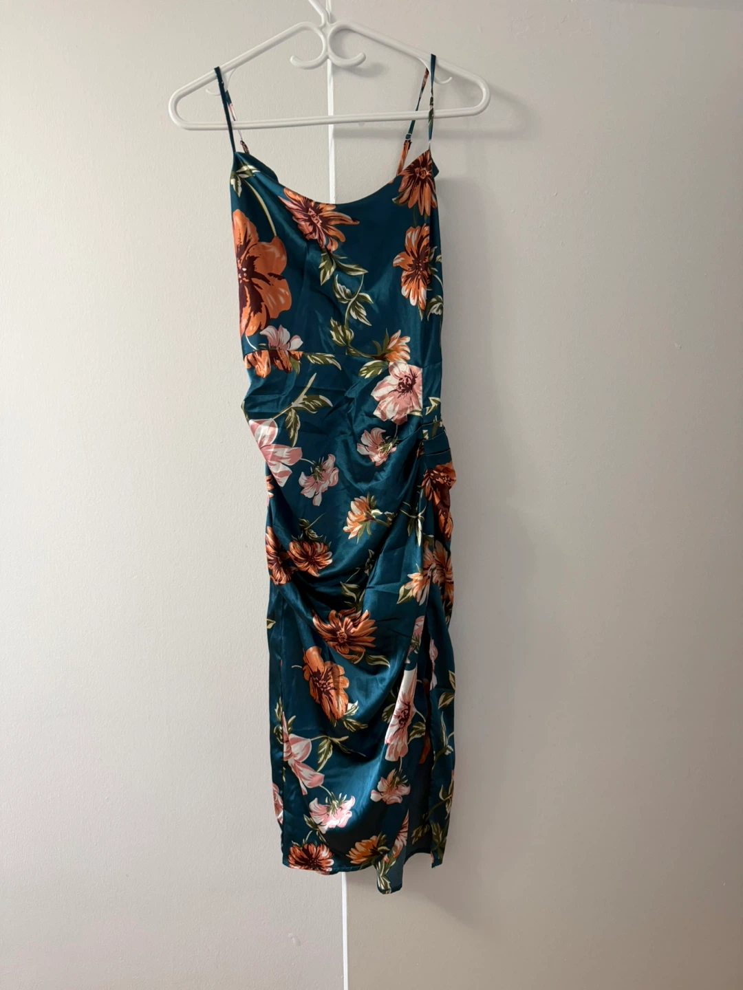 Teal Floral Ruched Midi Dress