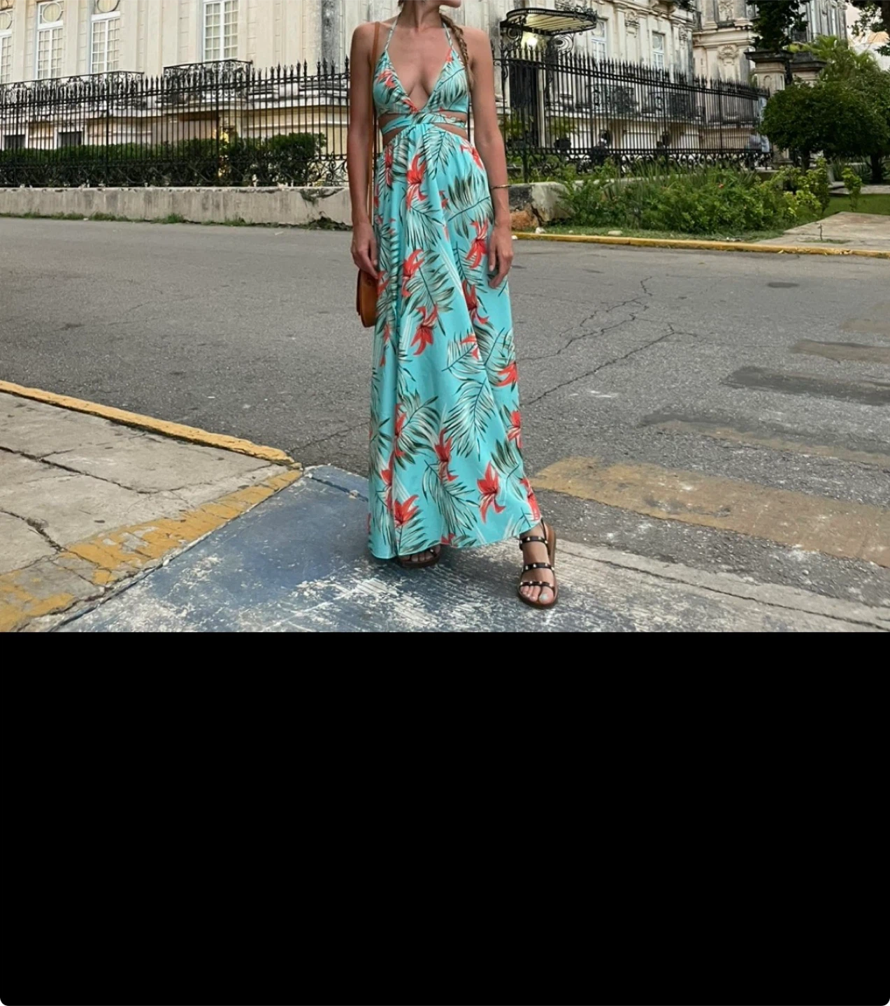 Blue Tropical Print Maxi Dress with Halter Top